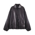 2025 Winter New Women's Casual Fashion Simple Loose Comfortable Stand Collar Long Sleeve Faux Leather Jacket