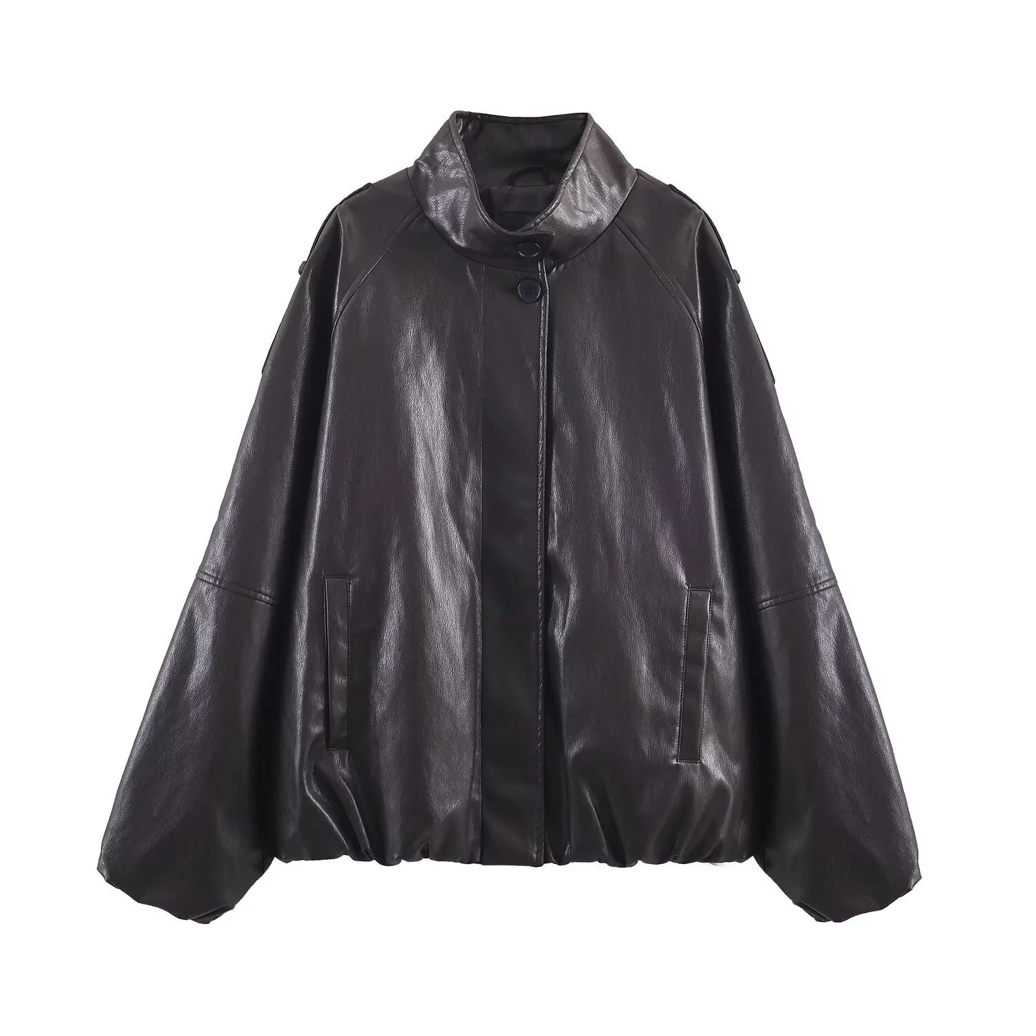 2025 Winter New Women's Casual Fashion Simple Loose Comfortable Stand Collar Long Sleeve Faux Leather Jacket