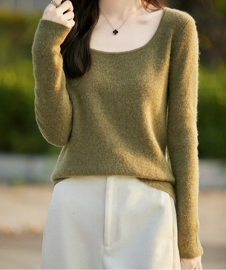 Women Wool Sweater U-neck Basic Pullover Autumn Winter 100% Merino Wool Knitwear Fit Long Sleeve Cashmere Striped Female Clothes