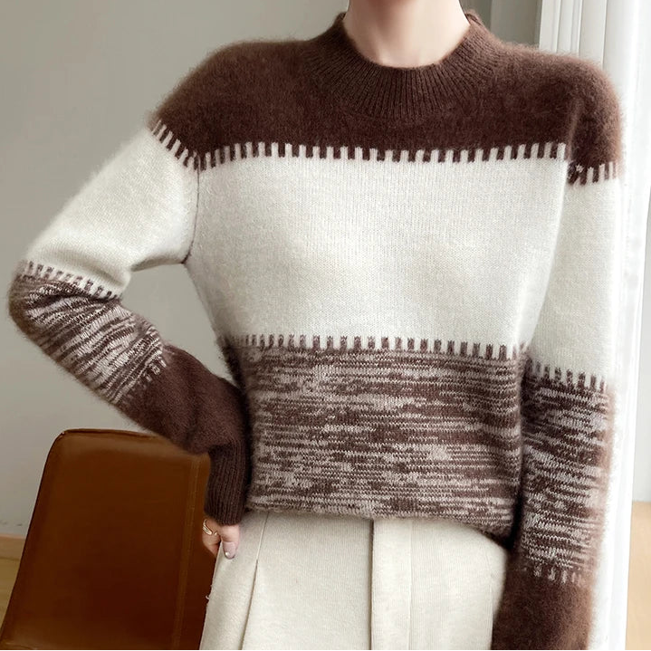 100% Merino Wool Round Neck Color Contrast Striped Jumper Autumn/Winter Thick Warm Long Sleeve Sweater Soft Short Top