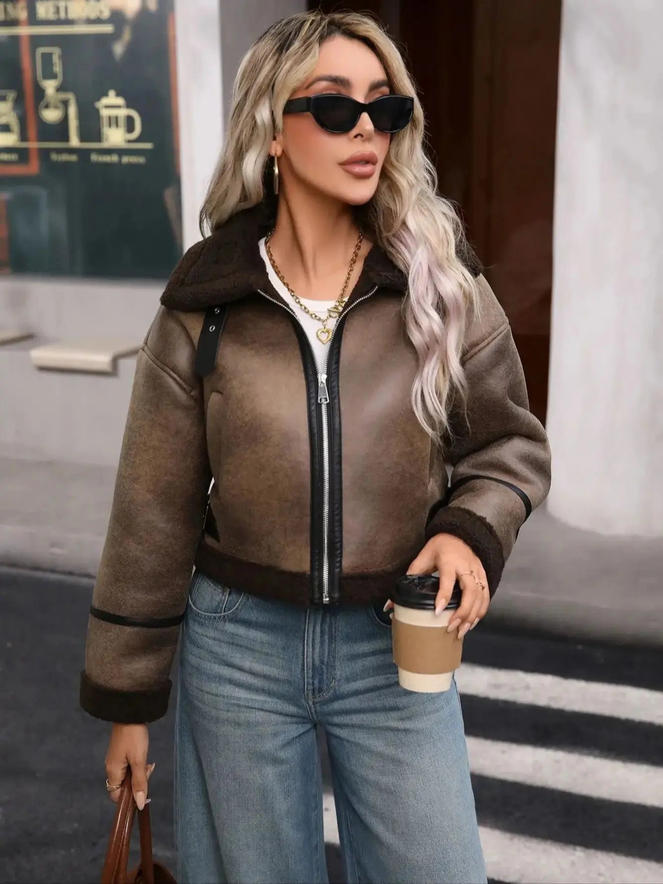 Women's Faux Leather Sherpa Motor Jacket Bomber Aviator Cropped Coat