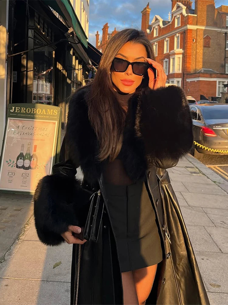 Lace up Patchwork Fur Long Jacket Woman Solid Color Long Sleeves Straight Coat Luxurious Elegant Women's New Warm Winter Jackets