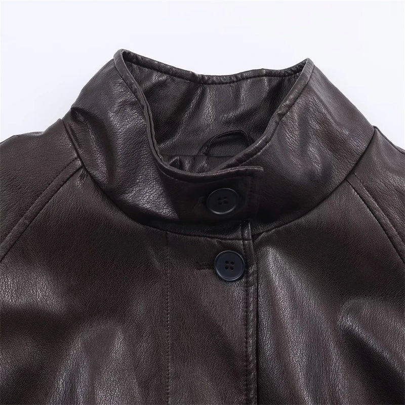 "Women's Black Faux Leather Bomber Jacket, Oversized Stand Collar PU Leather Coat, Edgy Casual Outerwear for Autumn/Winter