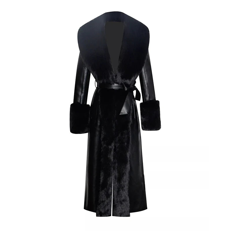 Lace up Patchwork Fur Long Jacket Woman Solid Color Long Sleeves Straight Coat Luxurious Elegant Women's New Warm Winter Jackets