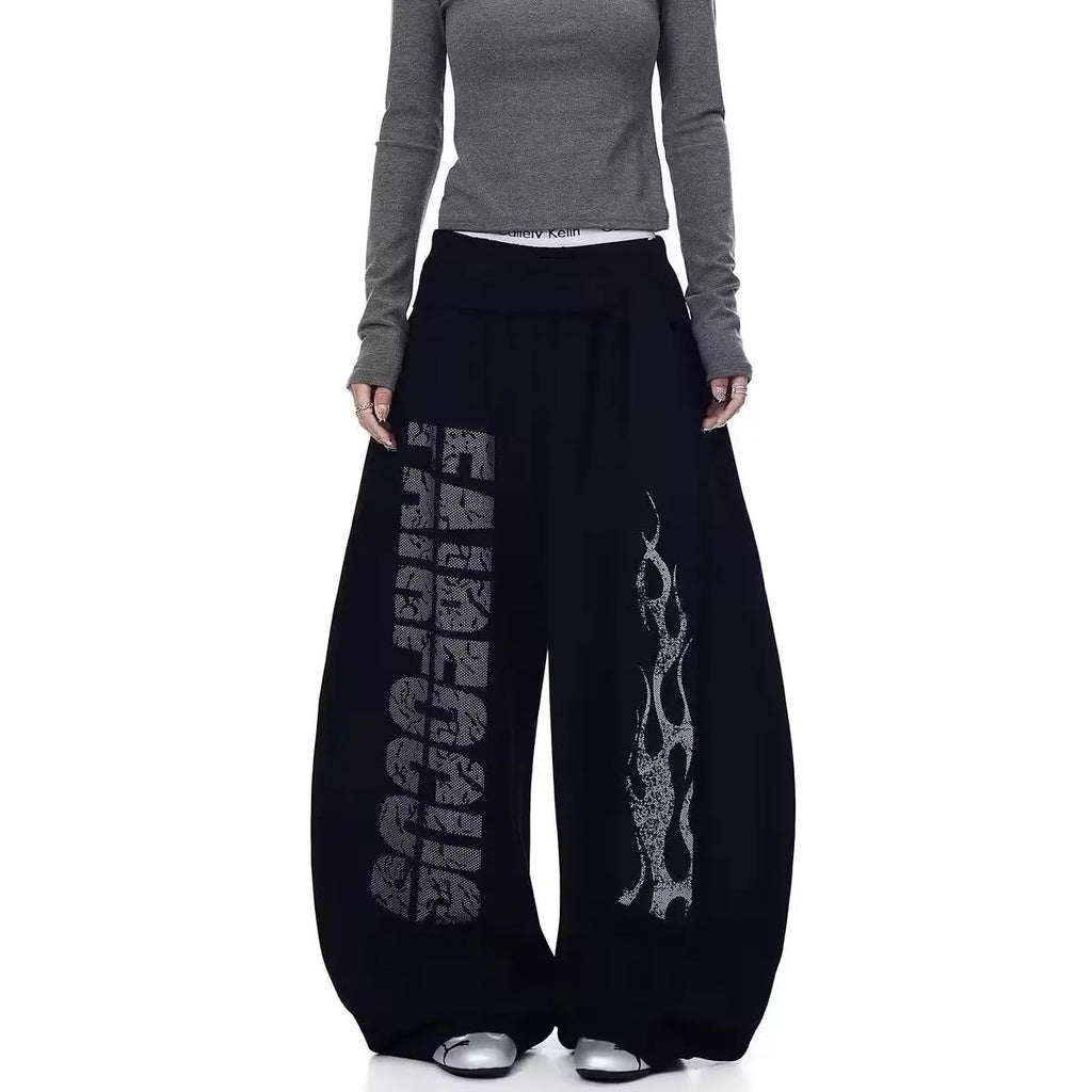 American-style straight-leg sweatpants with velvet, fashionable design, letter mopping pants, high-waist drapey wide-leg pants