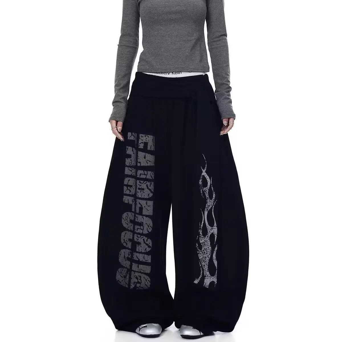American-style straight-leg sweatpants with velvet, fashionable design, letter mopping pants, high-waist drapey wide-leg pants
