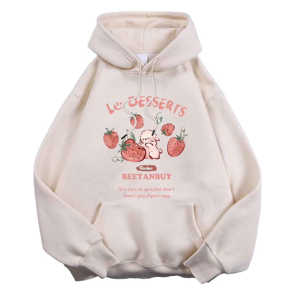 Fashion Women'S Hoodie Cute Strawberry And Rabbit Printed Sweatshirt Pocket Soft Warm Breathable Pullover Autumn Winter Hoody