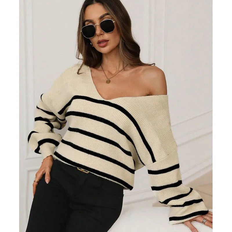 Spring Autumn Loose Women's Knitted Sweater Fashion Stripes And Bow Tie Knitwear V-Neck Long Sleeve Top
