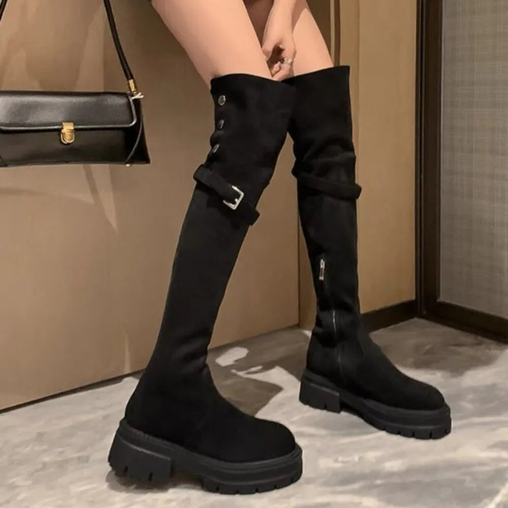 2025 Women's Wide Calf Over The Knee Boots Stretch Riding Boots Flat Foldable Two-Way Wear Suede Long Boots for Thick Thighs