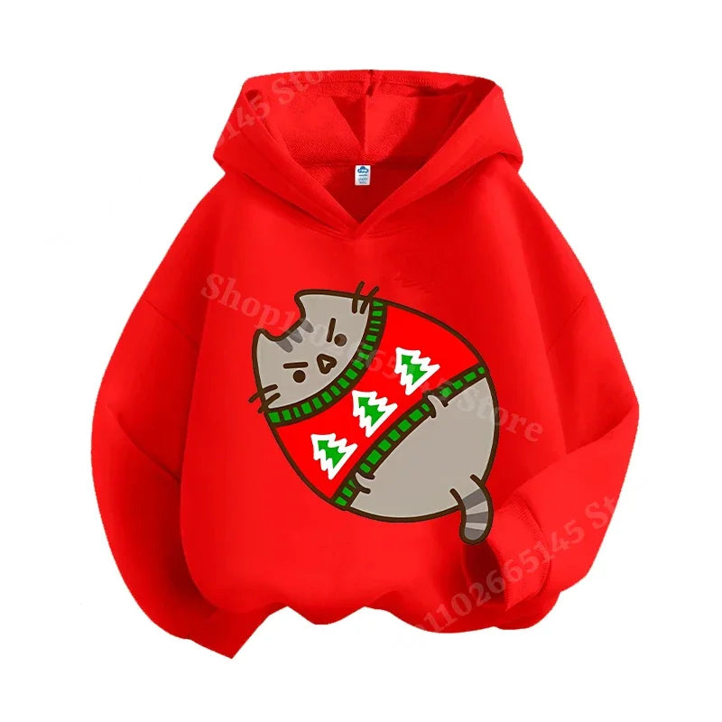 Autumn and winter children's Christmas hoodie sweatshirt cartoon cute cat pullover girls and boys warm clothes Christmas clothin