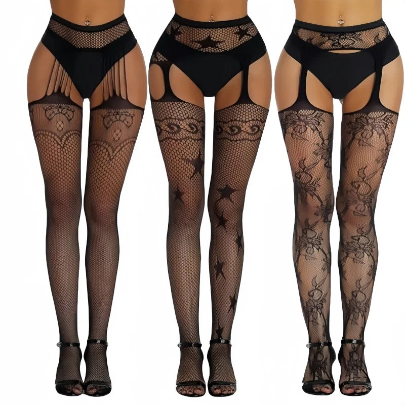 3 Pcs Pantyhose Fishnet Sexy Thigh-High Stockings Suspender Stockings for Women Garter Belt Stockings Hollow Out Pattern Tights