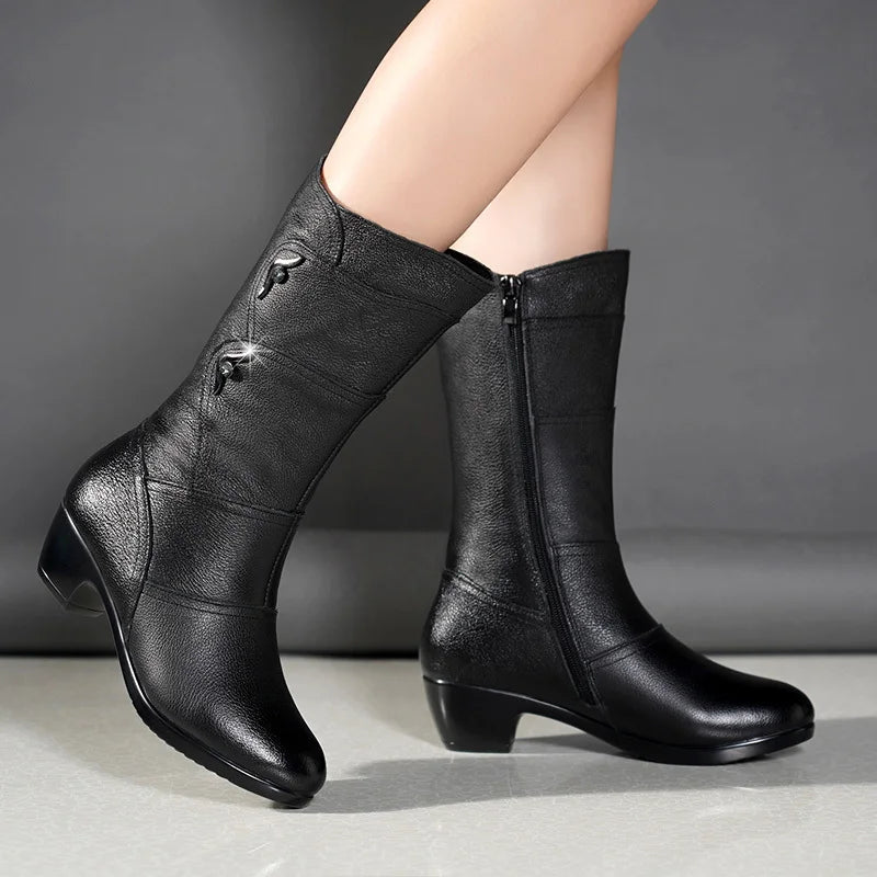 New Winter Elegant Fashion Chunky Mid-calf Boots Round Head Sexy Comfortable Side Zipper Fashion Women's Knight Boots
