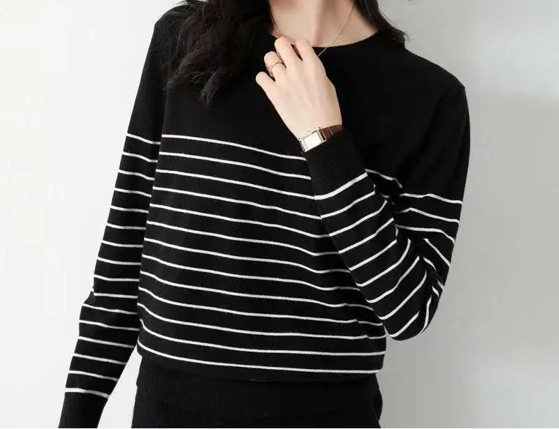 Spring New Loose round Neck Stripe Color Block  Knitted Wool Blend Base Shirt Women's Sweater Casual Comfortable Top