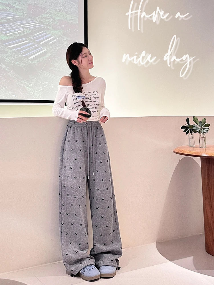 Autumn Winter Casual Sports Sweatpants - Women's High Waisted Wide Leg Drawstring Loose Straight Leg Pants