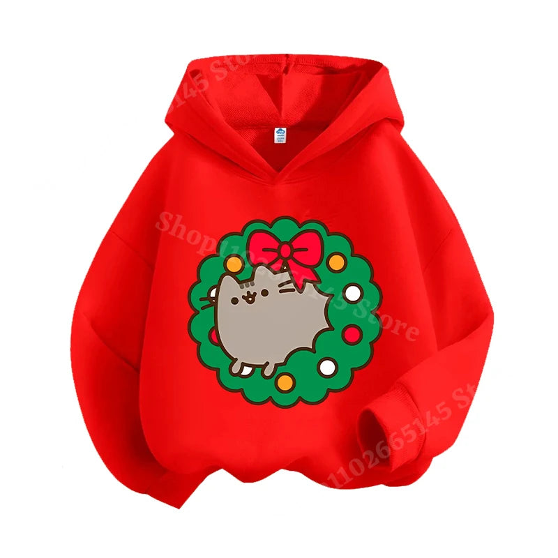 Autumn and winter children's Christmas hoodie sweatshirt cartoon cute cat pullover girls and boys warm clothes Christmas clothin