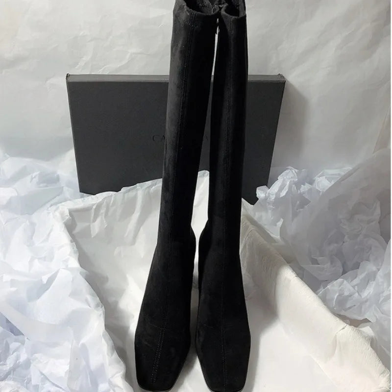 New Women's Fashion Suede Casual High Boots 2025 Brand Designer Women's Boots High Quality Thick Heel Mid-calf Boots Plus Size