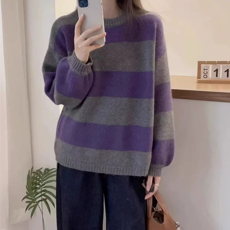 Simple striped round-neck cashmere knitted sweater women loose long-sleeved top versatile autumn and winter wool base sweater