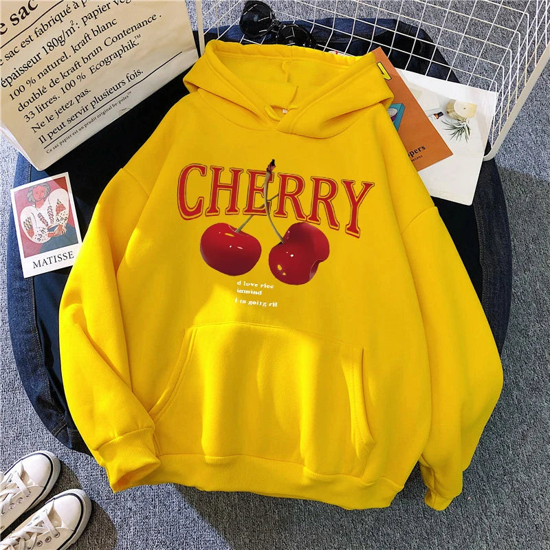 Girls 2000s Cherry Love Long Sleeve Pocket Hoodies Funny Gothic Sweatshirt  Women's Print Casual Hoody Streetwear Y2k Clothes