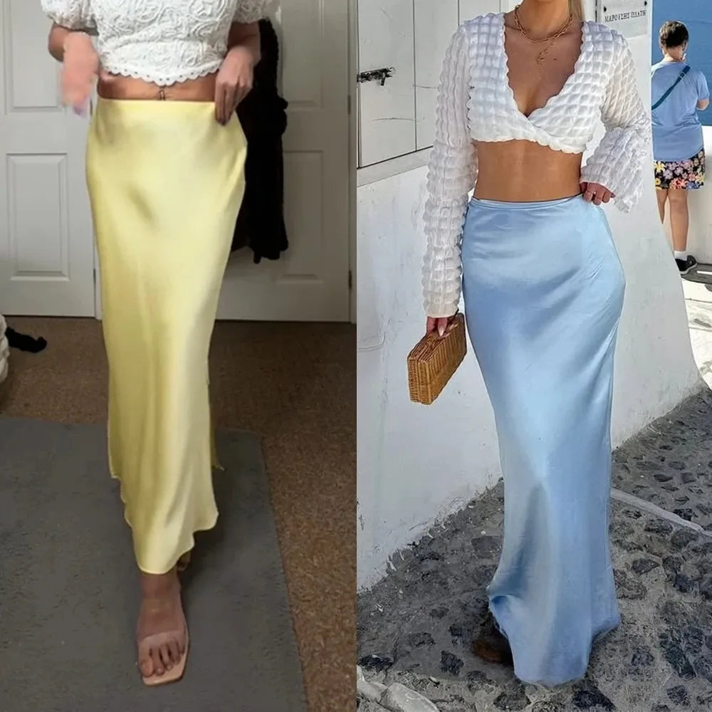 KONDALA Vintage Satin Solid Long Skirts Women High Waist Elastic Silky Skirts Fashion 2025 Spring Elegant Straight Skirts