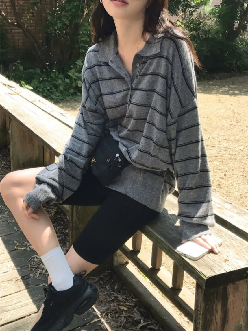 JLINS Dongda Gate Vintage Soft Loose Striped  Wool Knitwear Women's Commute Sle Regular Fit Spring Autumn Winter