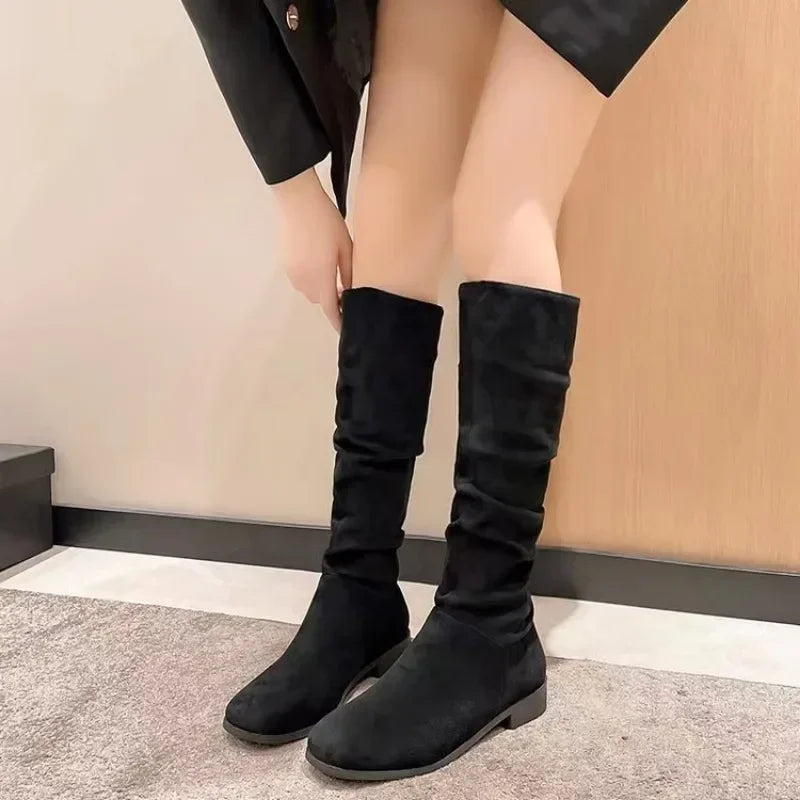 Winter suede women's fashion boots - stylish pleated round-toe long boots - elegant low-heeled plus-size fitted boots for women