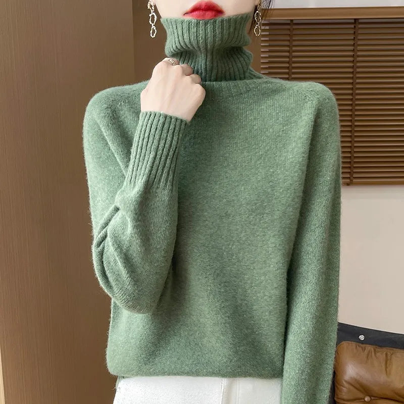 2025 New Autumn/Winter 100% Merino Wool Hoodie Solid Color Long Sleeve High Collar Warm Top Women's 19 Color Sweater WQ708