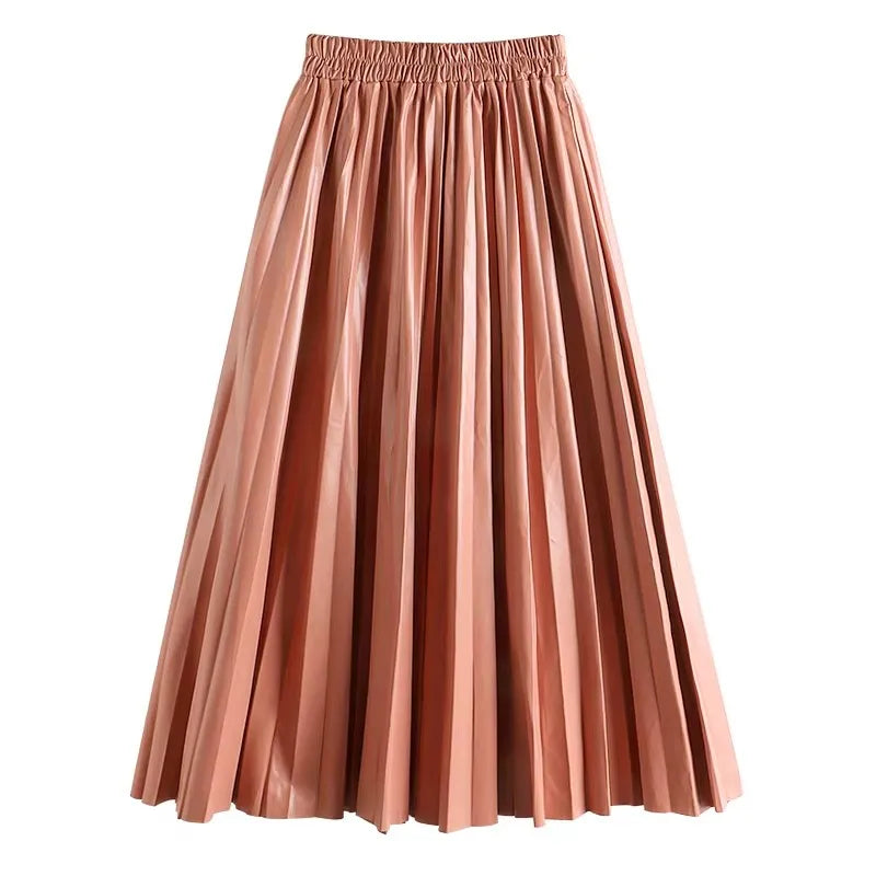 Black PU-leather Pleated Skirt New Women High Waist Fashionable All-match A-Line mi-long Skirt Female