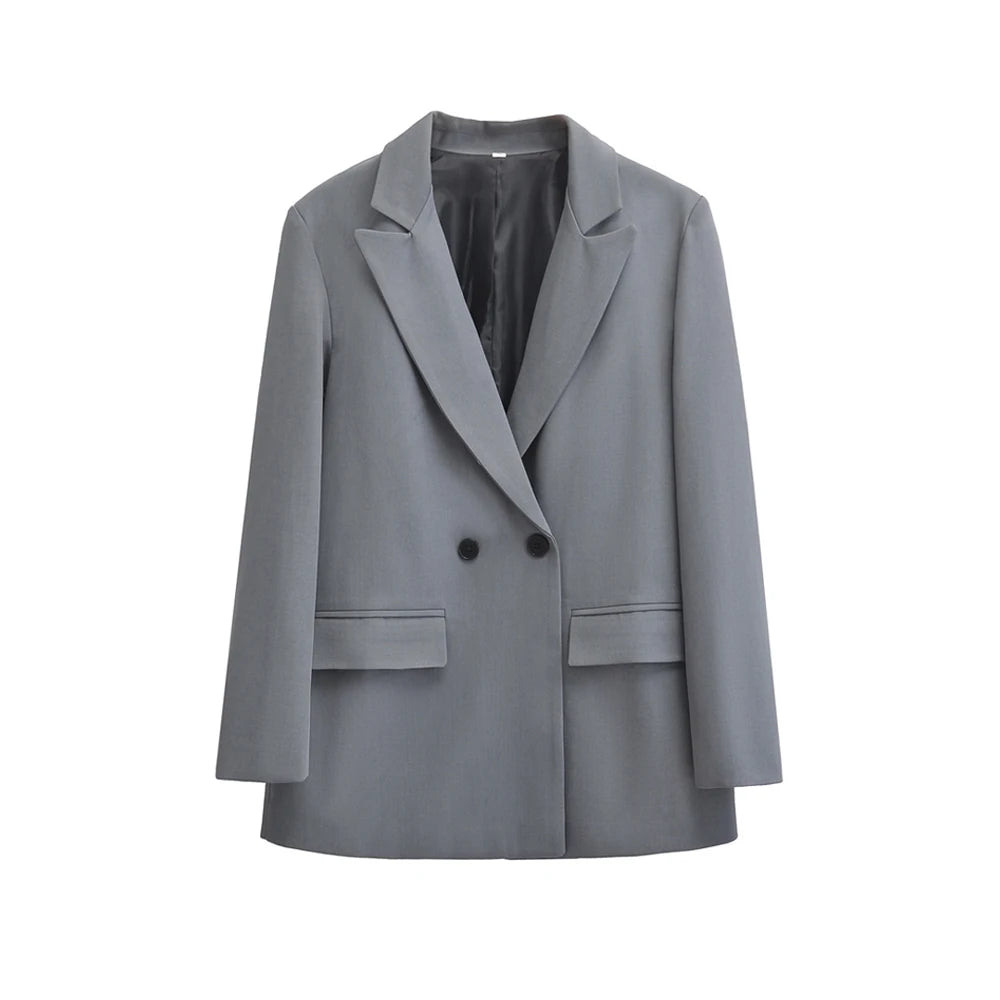 Women's Double Breasted Office Wear Blazer Coat, Long Sleeve, Flap Pockets, Female Outerwear, Chic Tops, Fashion