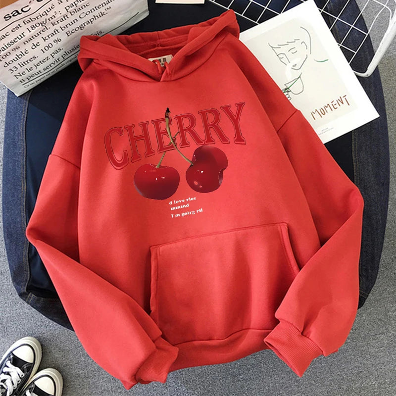Girls 2000s Cherry Love Long Sleeve Pocket Hoodies Funny Gothic Sweatshirt  Women's Print Casual Hoody Streetwear Y2k Clothes