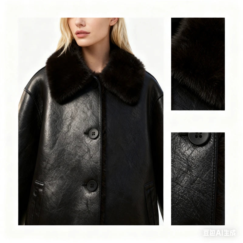  INQFEIR Faux Leather Jacket for Women, Fuzzy Collar Button Down Short Coat, Vintage Style Outerwear for Fall Winter