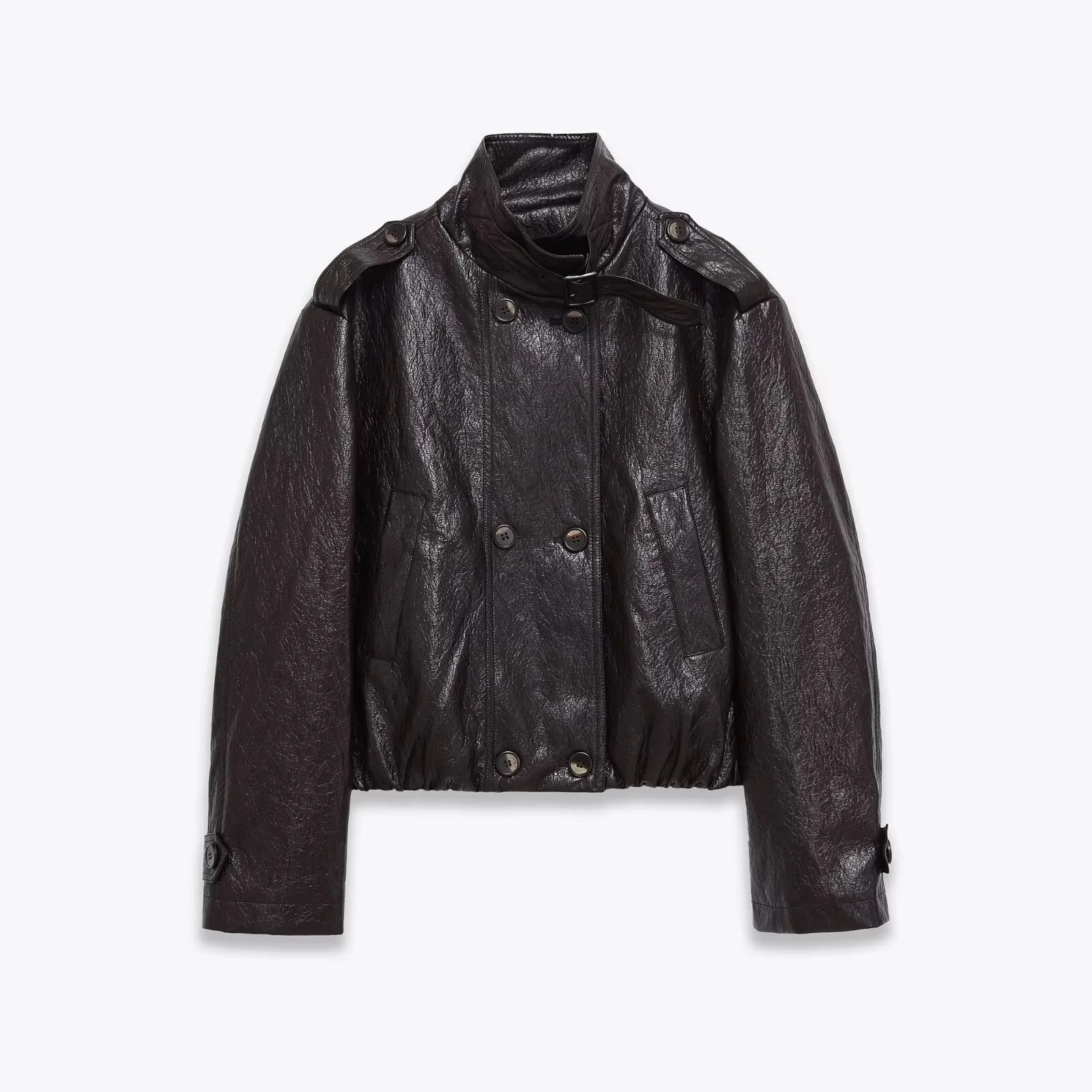 2025 Winter New Women's Casual Fashionable Simple Stand Collar Long Sleeve Leather Button Double-Breasted Loose Short Jacket