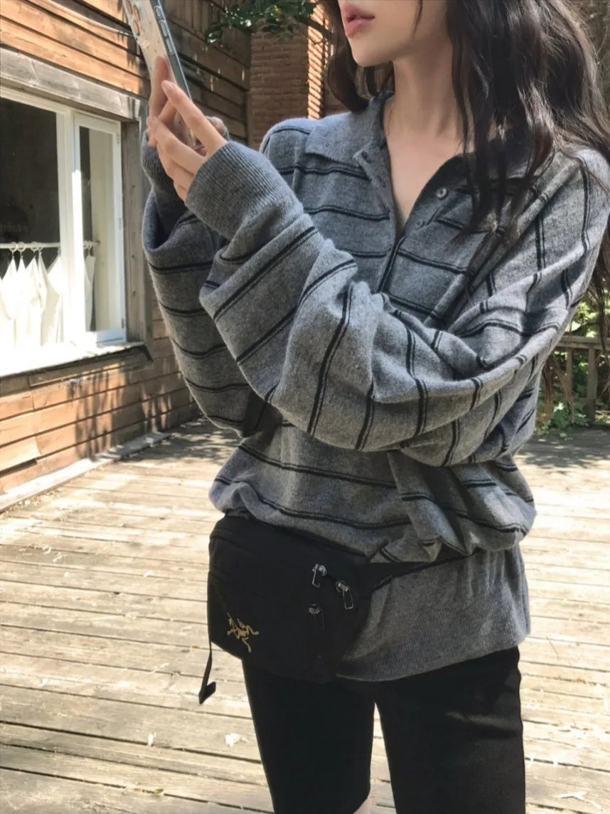JLINS Dongda Gate Vintage Soft Loose Striped  Wool Knitwear Women's Commute Sle Regular Fit Spring Autumn Winter