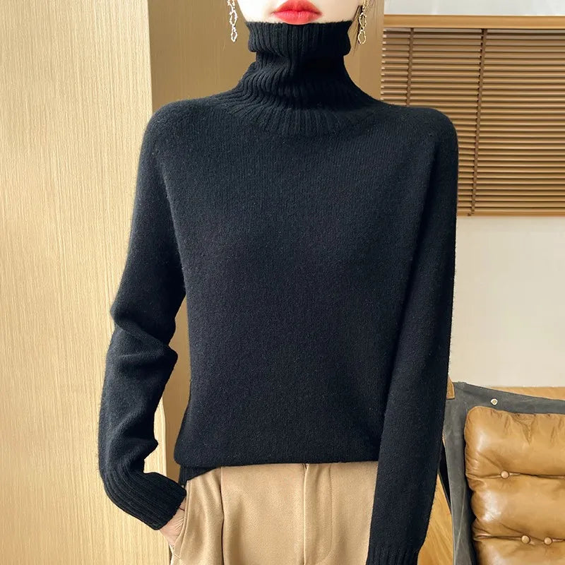 2025 New Autumn/Winter 100% Merino Wool Hoodie Solid Color Long Sleeve High Collar Warm Top Women's 19 Color Sweater WQ708