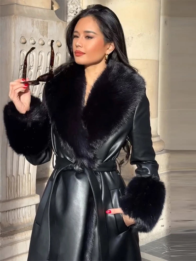 Lace up Patchwork Fur Long Jacket Woman Solid Color Long Sleeves Straight Coat Luxurious Elegant Women's New Warm Winter Jackets