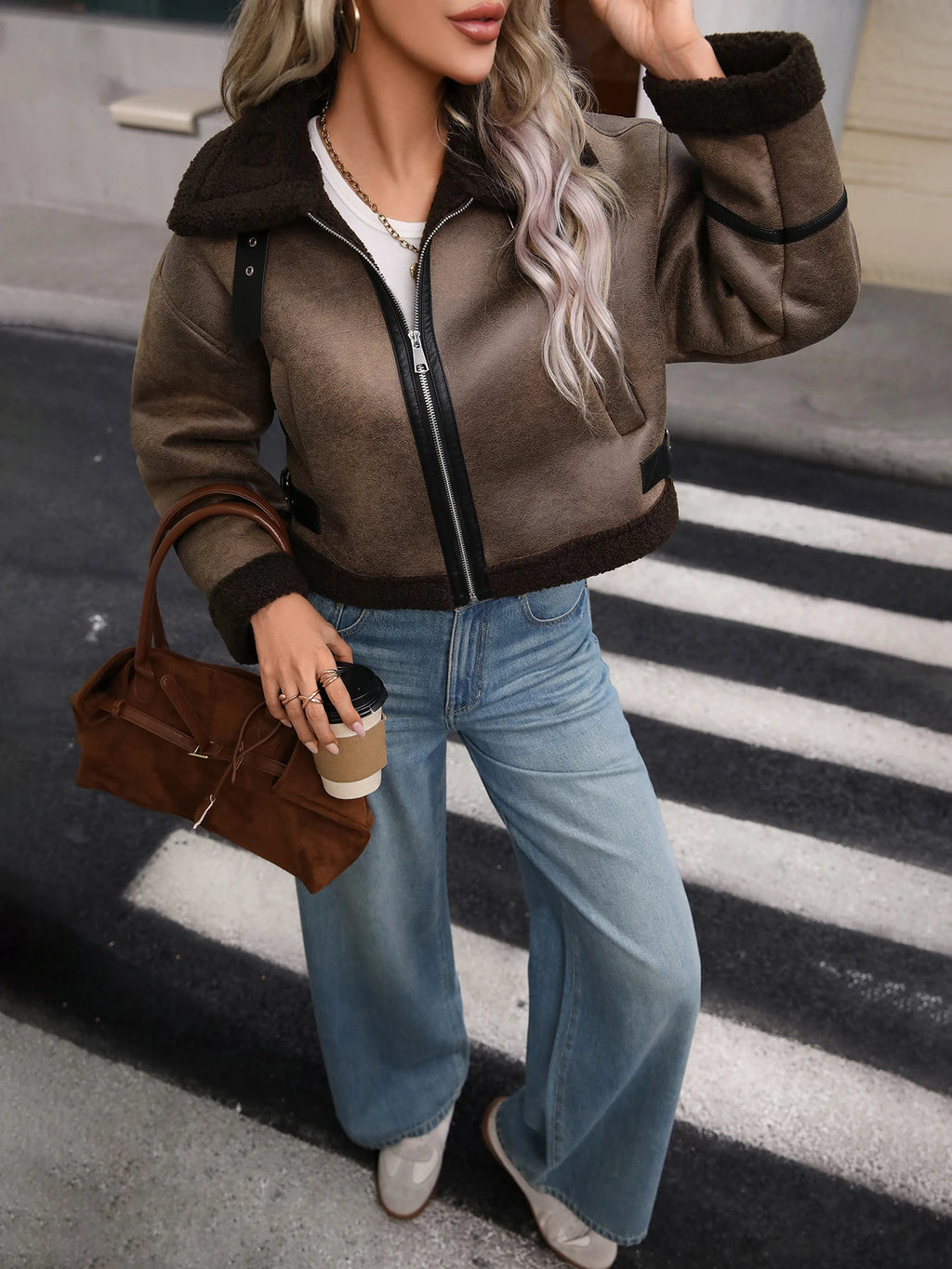 Women's Faux Leather Sherpa Motor Jacket Bomber Aviator Cropped Coat