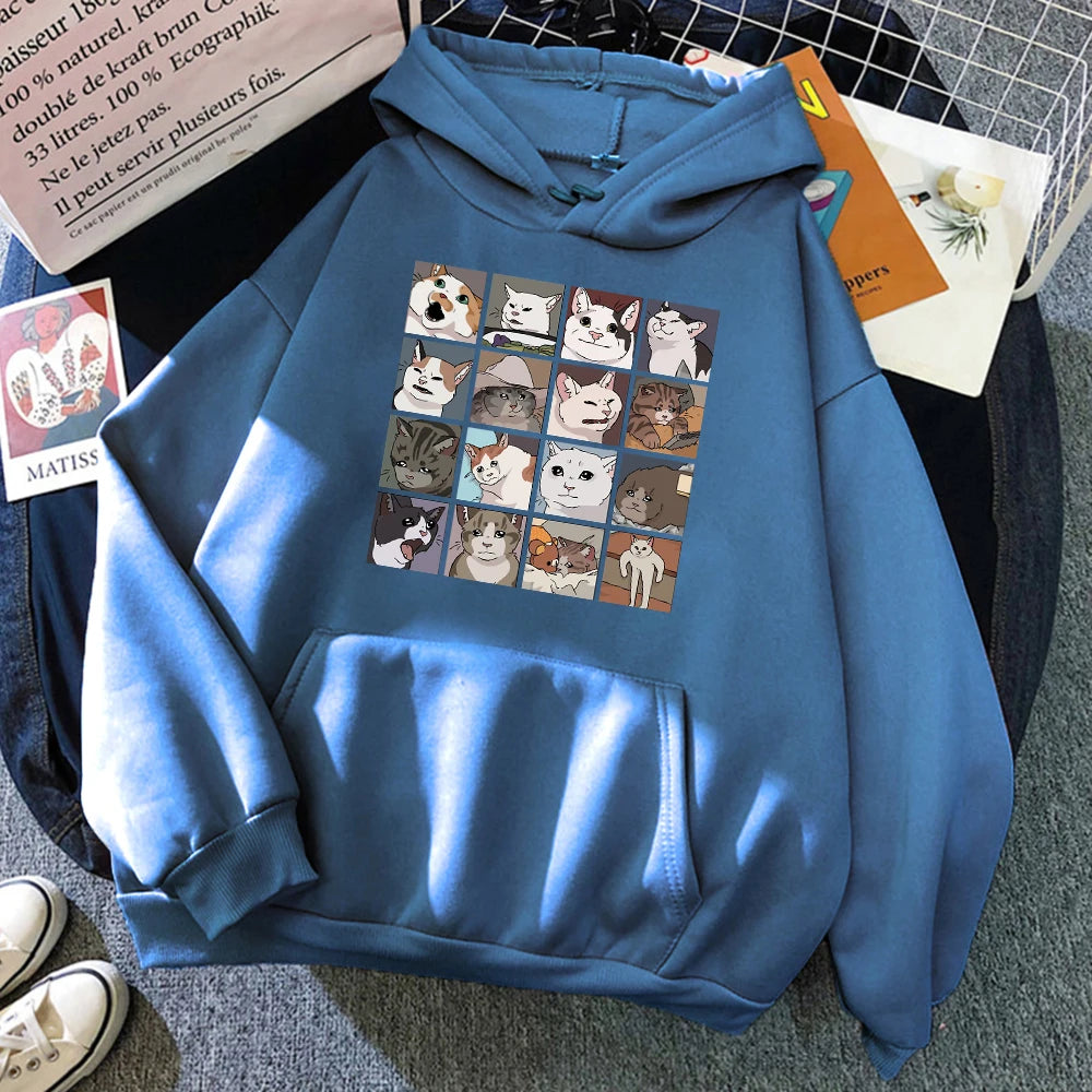 Funny Meme Cats Cartoons Print Women Hoody Hip Hop Crewneck Hoodies Oversized Fleece Pullovers Fashion Casual Womens Sportswear