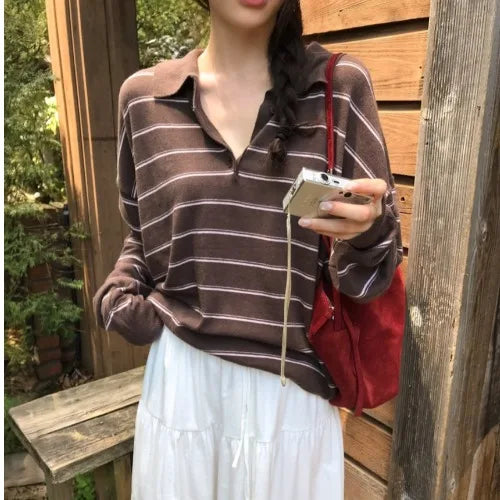 JLINS Dongda Gate Vintage Soft Loose Striped  Wool Knitwear Women's Commute Sle Regular Fit Spring Autumn Winter