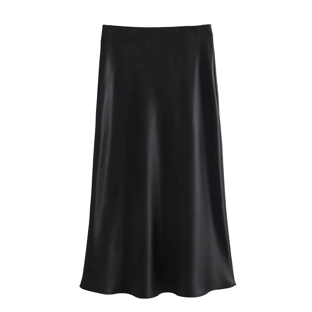KONDALA Vintage Satin Solid Long Skirts Women High Waist Elastic Silky Skirts Fashion 2025 Spring Elegant Straight Skirts