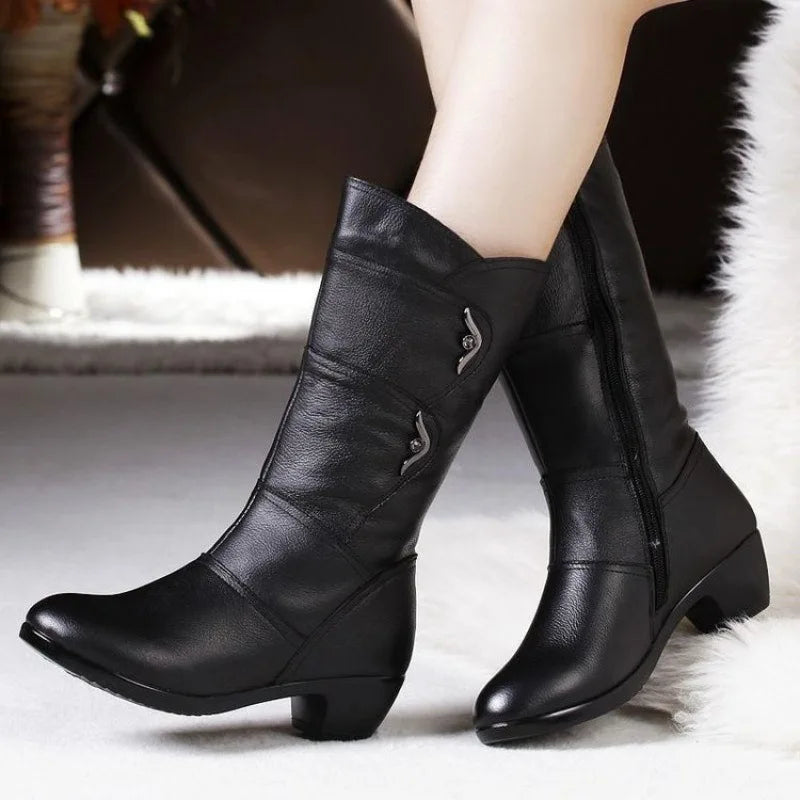 New Winter Elegant Fashion Chunky Mid-calf Boots Round Head Sexy Comfortable Side Zipper Fashion Women's Knight Boots