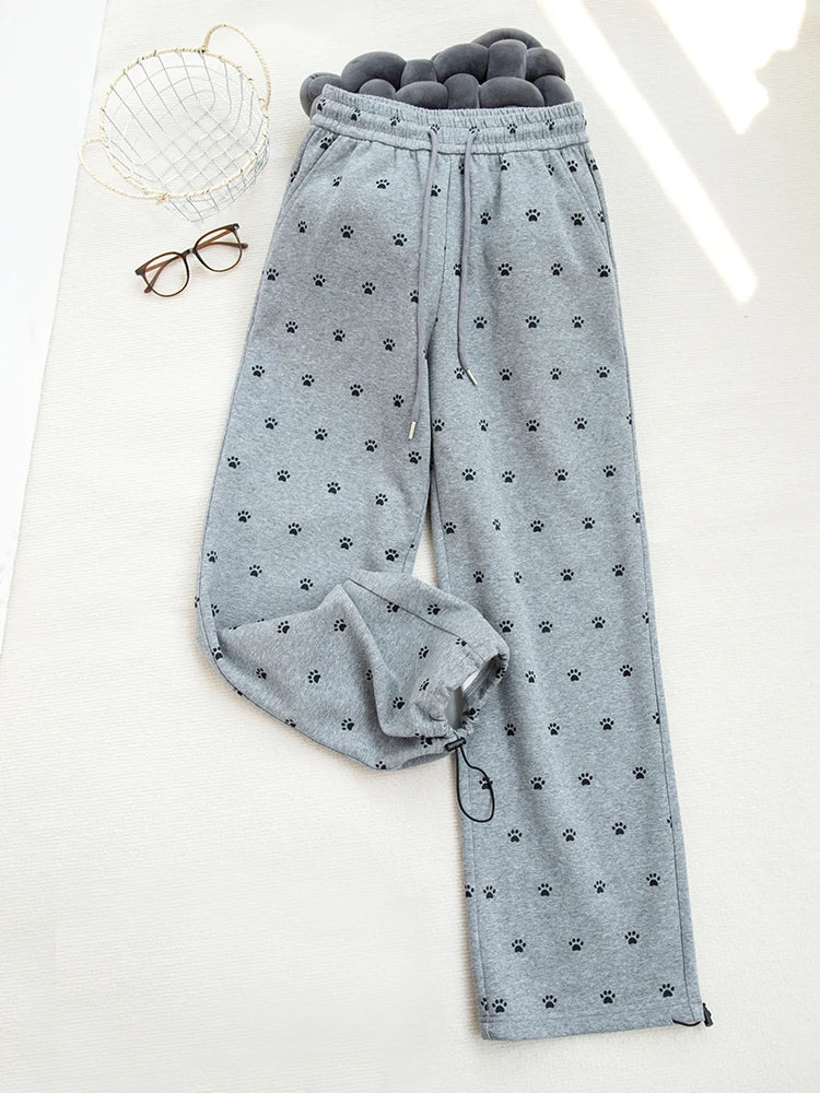 Autumn Winter Casual Sports Sweatpants - Women's High Waisted Wide Leg Drawstring Loose Straight Leg Pants