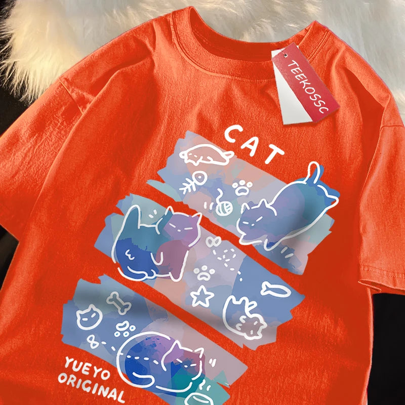 Fun Mischievous Cat Print Japanese Style T-Shirts Men Women Fashion Tshirs Breathable Summer T-Shirts Cotton Loose Tee Clothes