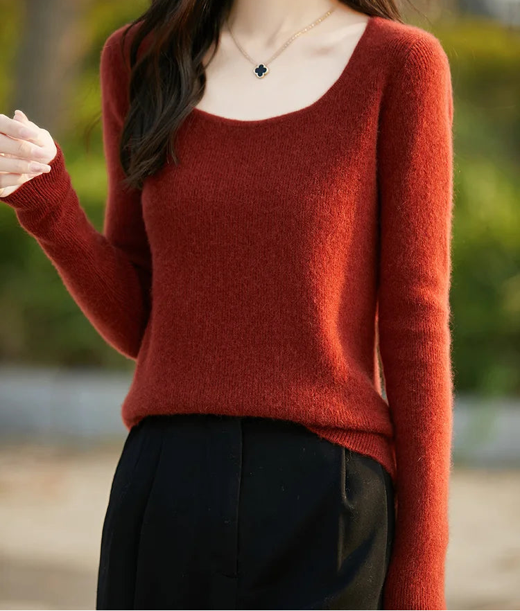 Women Wool Sweater U-neck Basic Pullover Autumn Winter 100% Merino Wool Knitwear Fit Long Sleeve Cashmere Striped Female Clothes