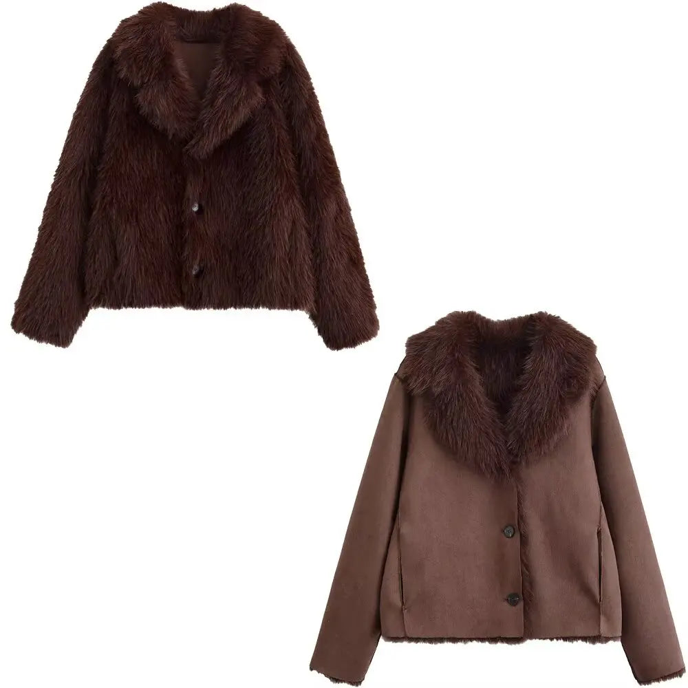 Double Sided Jacket for Women WinterTurn-down Collar Single Breasted Casual Jackets Artificial Fur And Suede Effect Female Coats