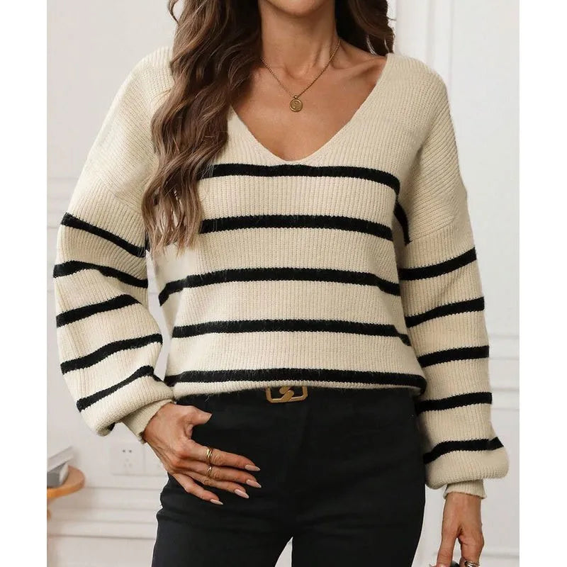 Spring Autumn Loose Women's Knitted Sweater Fashion Stripes And Bow Tie Knitwear V-Neck Long Sleeve Top