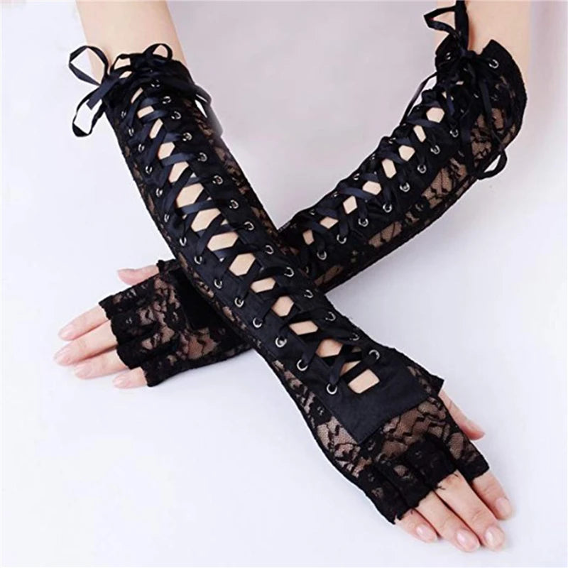 Women Sexy Floral Lace Elbow Length Half-Finger Gloves Black String Ribbon Ties Up Dance Party Fingerless Fishnet Mesh Mittens