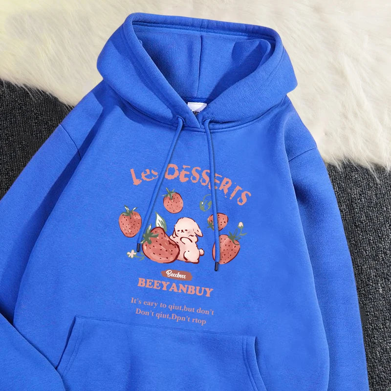 Fashion Women'S Hoodie Cute Strawberry And Rabbit Printed Sweatshirt Pocket Soft Warm Breathable Pullover Autumn Winter Hoody