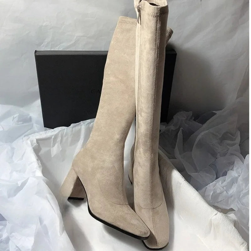 New Women's Fashion Suede Casual High Boots 2025 Brand Designer Women's Boots High Quality Thick Heel Mid-calf Boots Plus Size