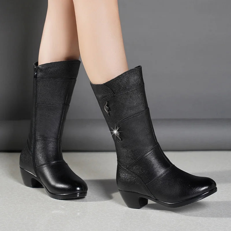 New Winter Elegant Fashion Chunky Mid-calf Boots Round Head Sexy Comfortable Side Zipper Fashion Women's Knight Boots