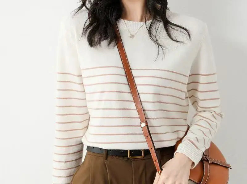 Spring New Loose round Neck Stripe Color Block  Knitted Wool Blend Base Shirt Women's Sweater Casual Comfortable Top