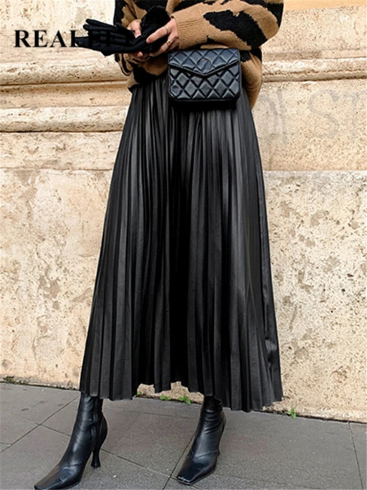 Black PU-leather Pleated Skirt New Women High Waist Fashionable All-match A-Line mi-long Skirt Female